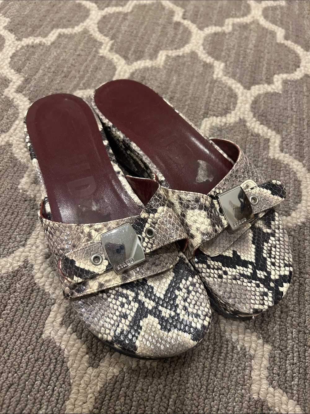 STAUD Snake-Print Slide Mules with Silver Hardware